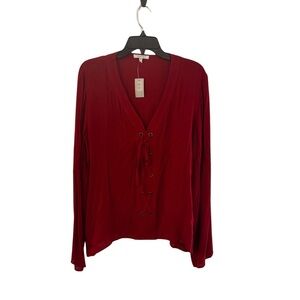 NWT Maurice’s XL Red Lace-Up Blouse | Long Sleeve Rayon Top